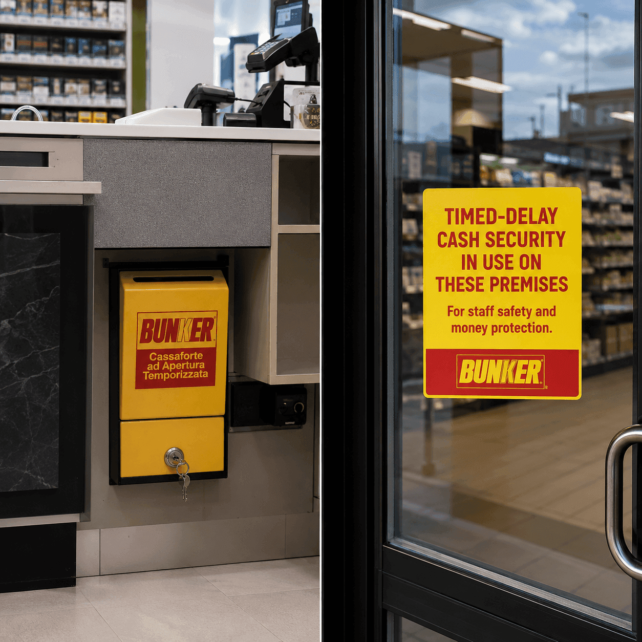 Bunker installed below a retail counter beside a visible time-delay cash security notice
