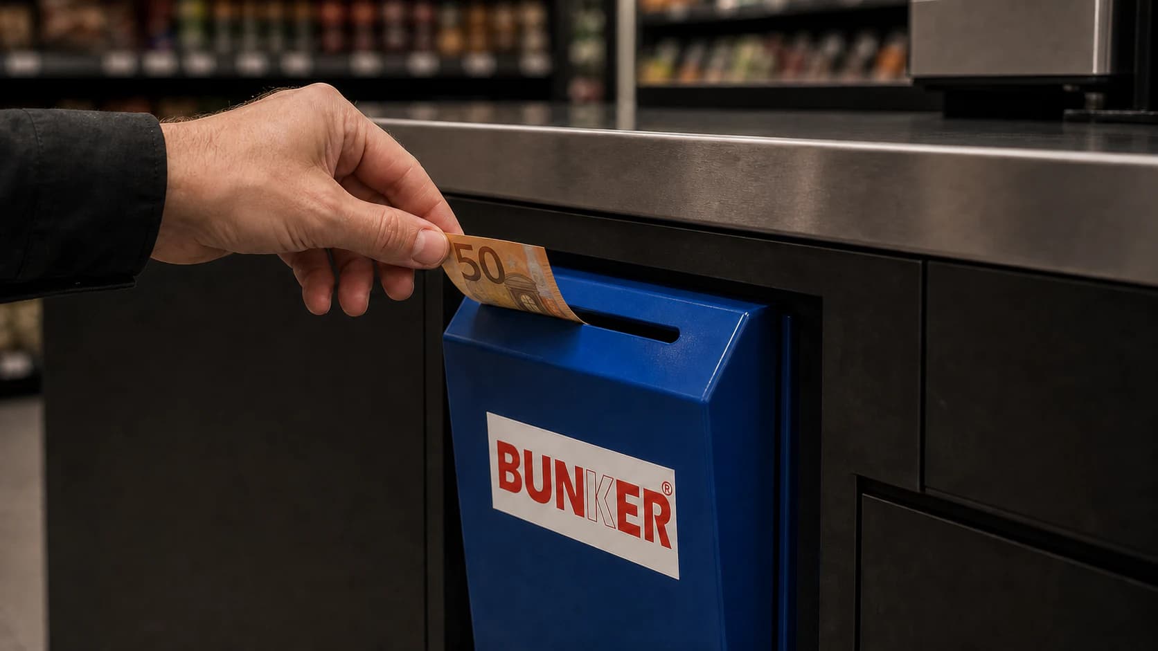 Staff member depositing a fifty euro banknote into the under-counter Bunker XL slot