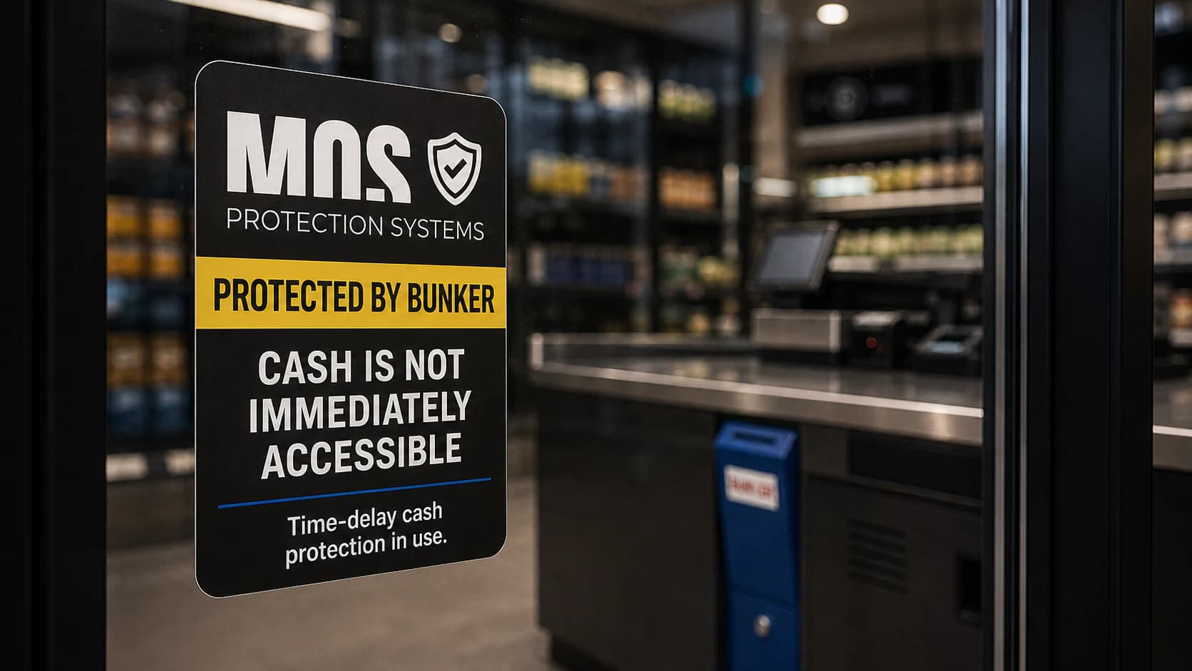 MOS Protection Systems window decal warning that Bunker-protected cash is not immediately accessible