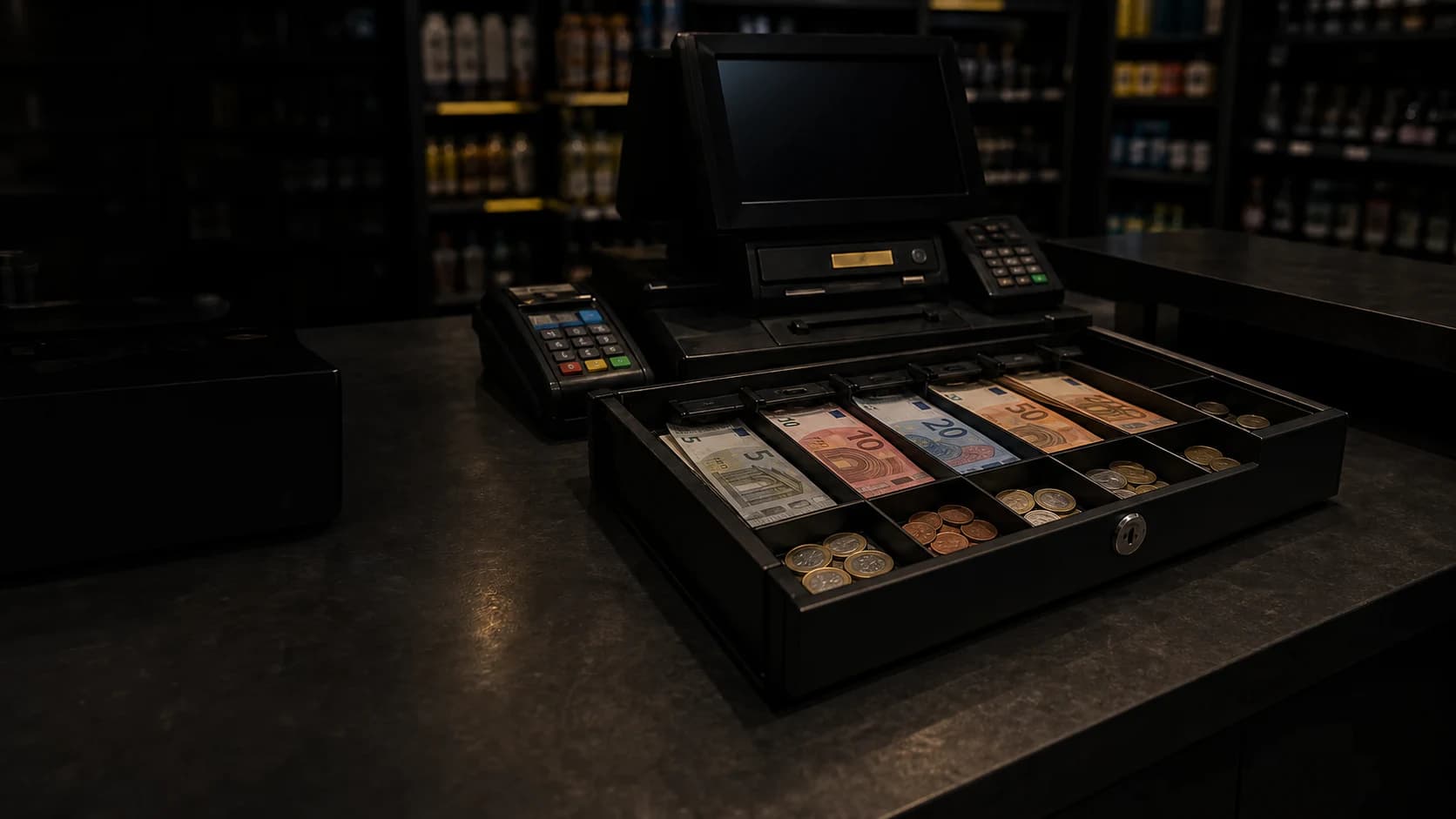 Open retail till with organised euro banknotes and coins immediately accessible at the counter