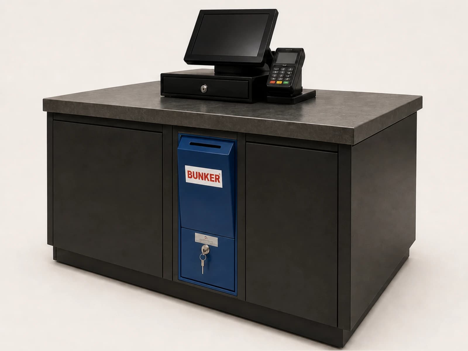 Blue Bunker XL integrated into the front of a retail checkout counter